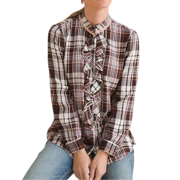NWT Chico’s Ruffled Brown Plaid Shirt Large - Picture 2 of 10